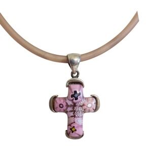 Vintage Alan K Pink Millefiori of Venice Sterling Silver Cross Pendant Necklace